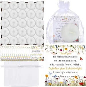 MTLEE 50 Sets Baby Shower Candle Favors for Guests Including 50 Pcs Tea Light Candles and 50 Thank Tags and 50 Return Gift Bags for Baby Shower Gender Reveal Party Supplies(White,Wildflower)
