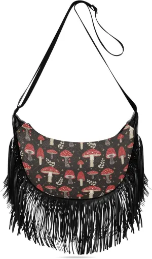 Mushroom Pattern Women Tassel Fringe Shoulder bag, Fringe Purse Crossbody, Women Tassel Hobo Bag with Zipper