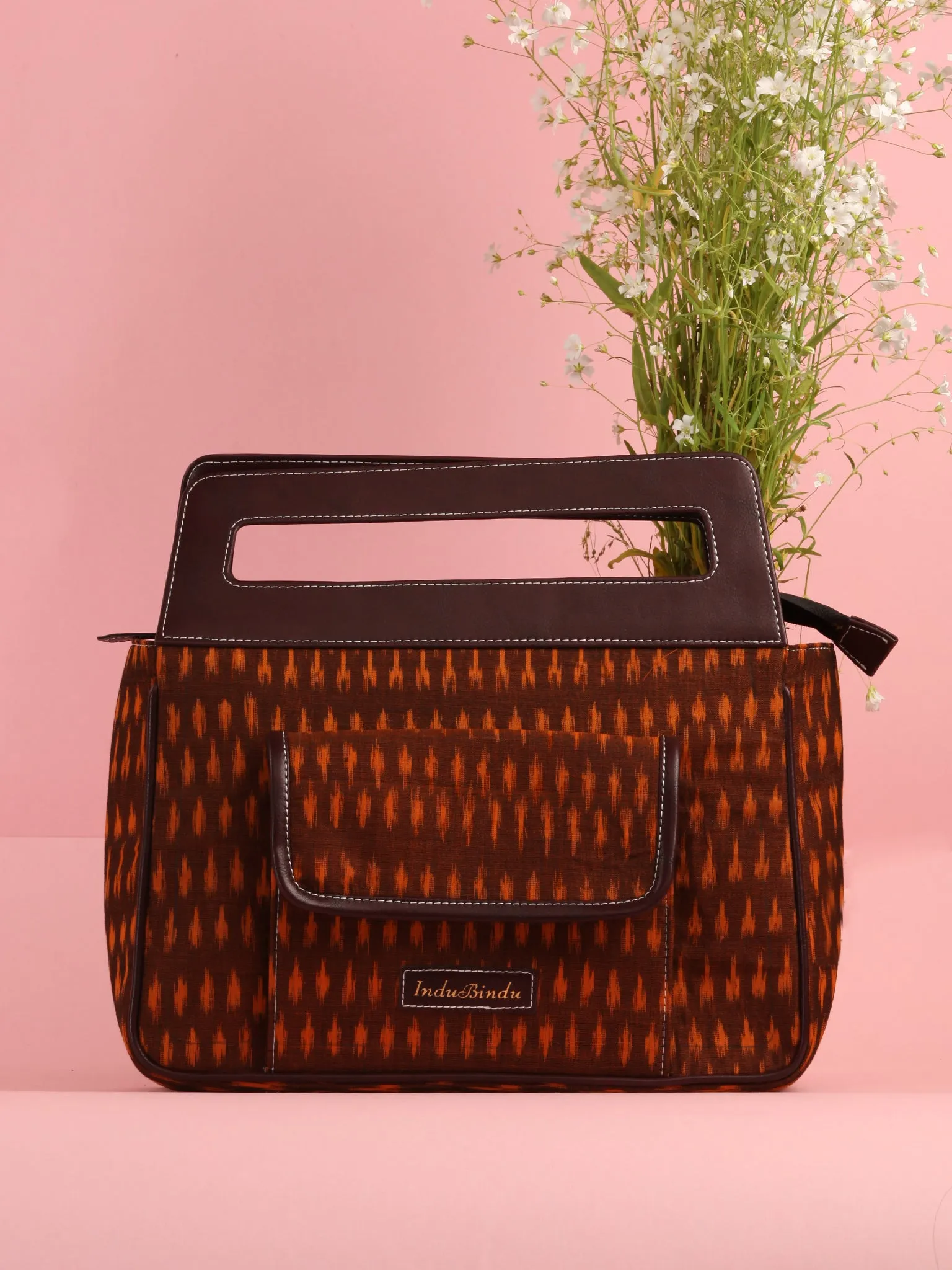 Mustard Yellow Ikat Baguette Bag with Vegan Leather Top Handles - B0901