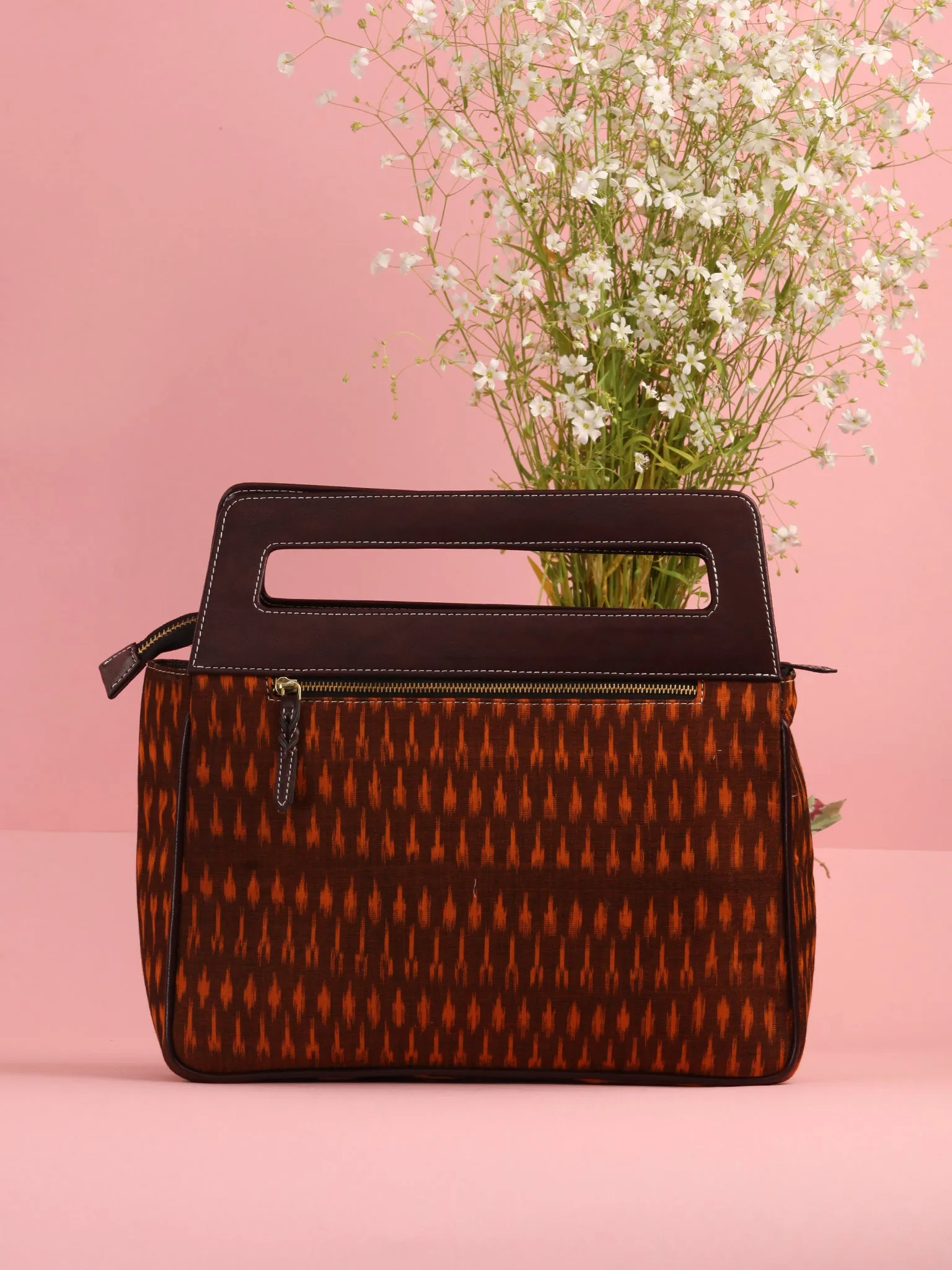 Mustard Yellow Ikat Baguette Bag with Vegan Leather Top Handles - B0901