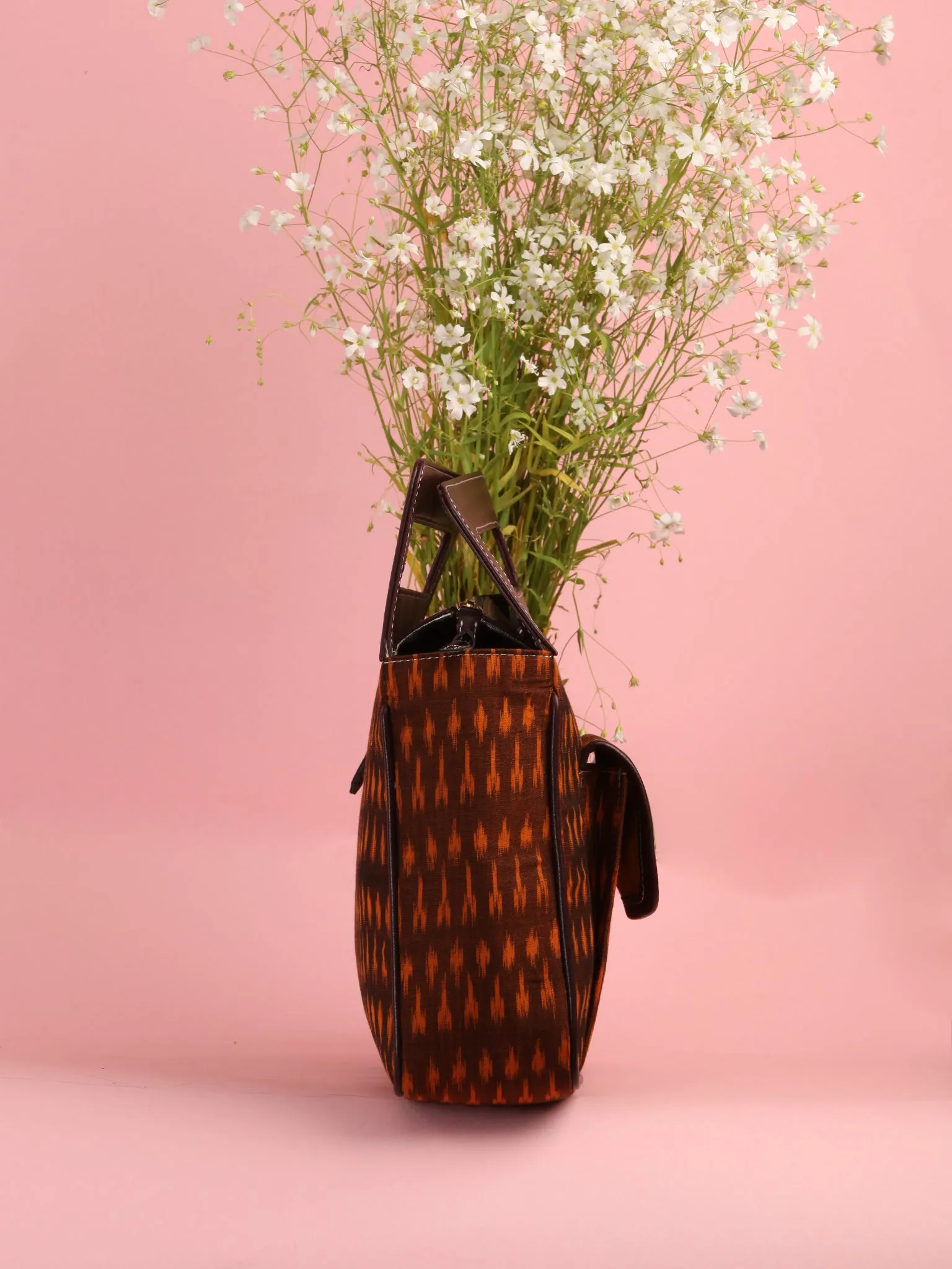 Mustard Yellow Ikat Baguette Bag with Vegan Leather Top Handles - B0901