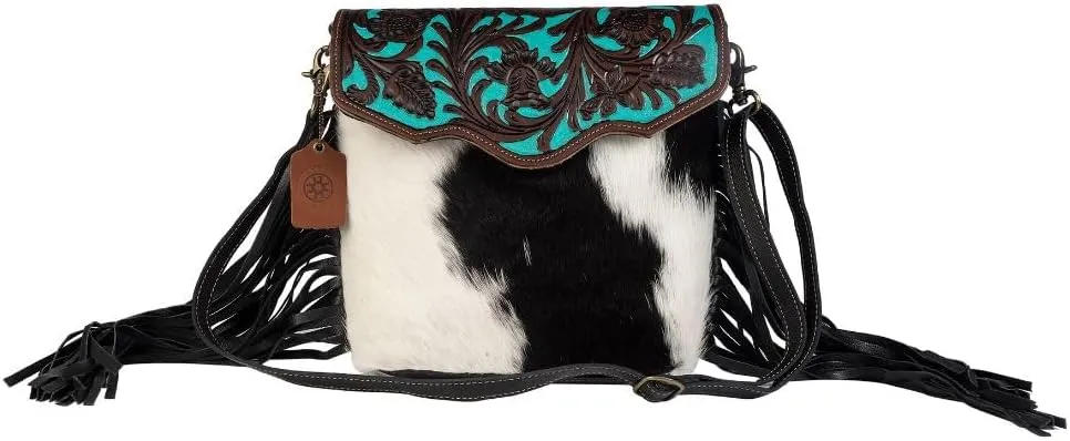 Myra Bag female Aqua Hand-Tooled Bag Upcycled Cotton & Cowhide Leather S-2856