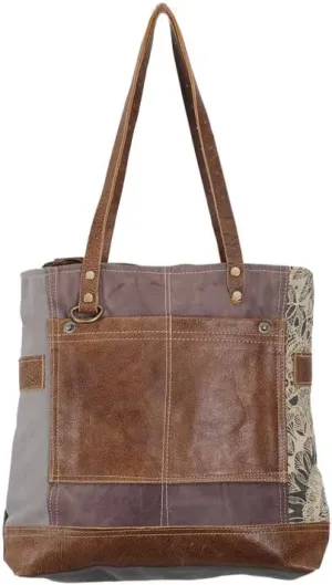 Myra Bags Side Floral Print Upcycled Canvas Tote Bag S-0915, Tan, Khaki, Brown, One_Size