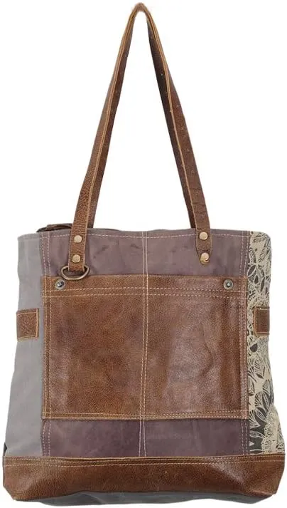 Myra Bags Side Floral Print Upcycled Canvas Tote Bag S-0915, Tan, Khaki, Brown, One_Size