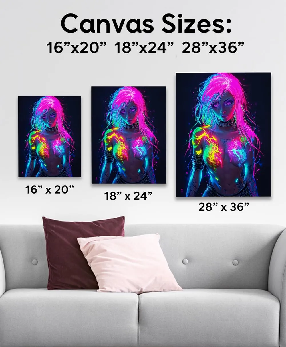 Neon Power 18x24 Stretched Canvas Female Figure With Glowing Neon Body Paint for Gaming Rooms, Dorms, Man Caves, Music Studios, Urban Lofts, Sci-Fi Fantasy Art, Edgy Female Empowerment Neon Aesthetic