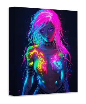 Neon Power 18x24 Stretched Canvas Female Figure With Glowing Neon Body Paint for Gaming Rooms, Dorms, Man Caves, Music Studios, Urban Lofts, Sci-Fi Fantasy Art, Edgy Female Empowerment Neon Aesthetic