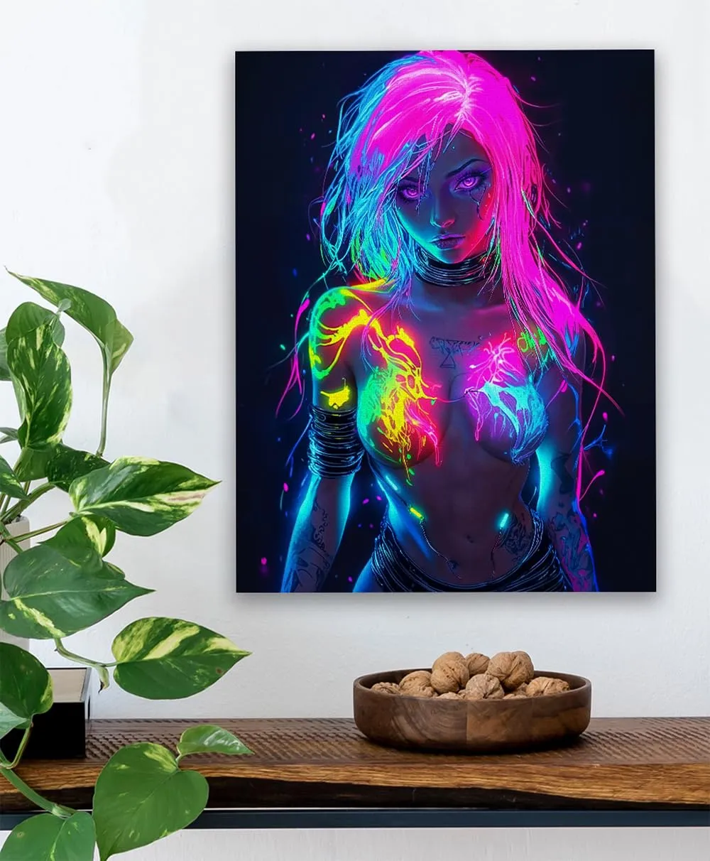 Neon Power 18x24 Stretched Canvas Female Figure With Glowing Neon Body Paint for Gaming Rooms, Dorms, Man Caves, Music Studios, Urban Lofts, Sci-Fi Fantasy Art, Edgy Female Empowerment Neon Aesthetic