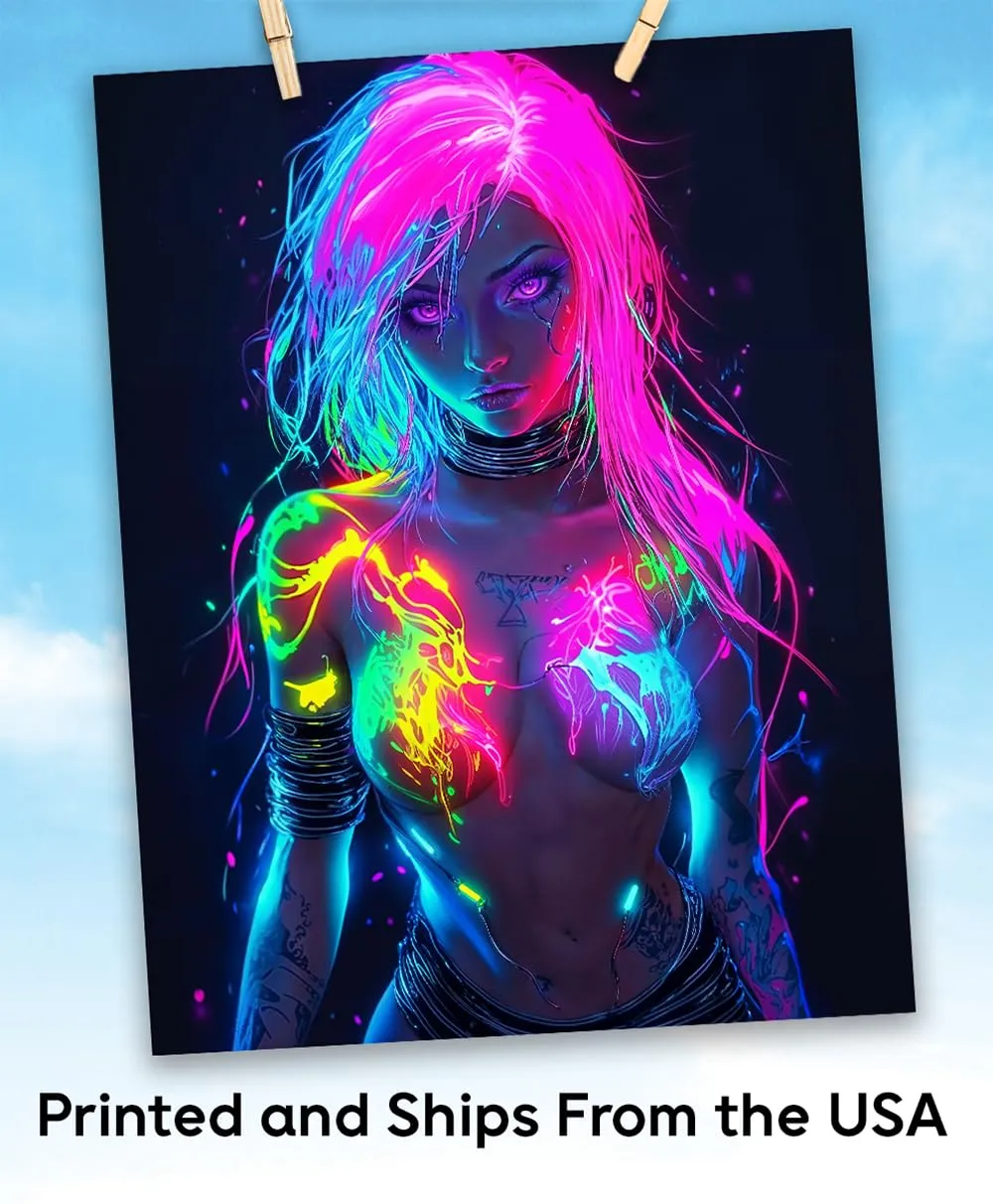 Neon Power 18x24 Stretched Canvas Female Figure With Glowing Neon Body Paint for Gaming Rooms, Dorms, Man Caves, Music Studios, Urban Lofts, Sci-Fi Fantasy Art, Edgy Female Empowerment Neon Aesthetic