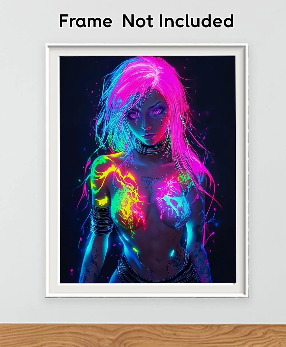 Neon Power 18x24 Stretched Canvas Female Figure With Glowing Neon Body Paint for Gaming Rooms, Dorms, Man Caves, Music Studios, Urban Lofts, Sci-Fi Fantasy Art, Edgy Female Empowerment Neon Aesthetic