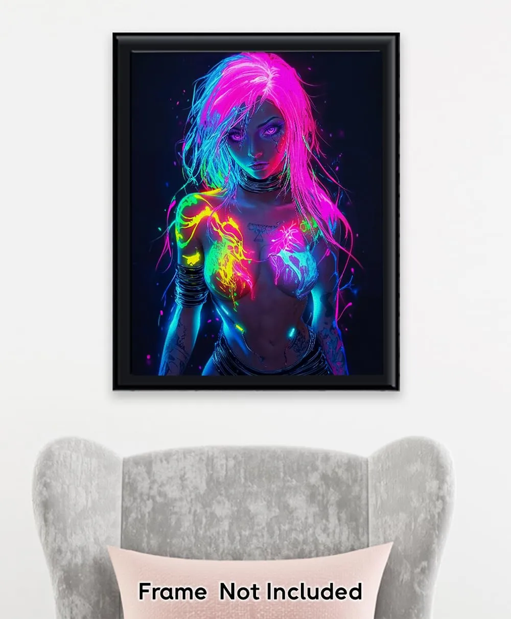 Neon Power 18x24 Stretched Canvas Female Figure With Glowing Neon Body Paint for Gaming Rooms, Dorms, Man Caves, Music Studios, Urban Lofts, Sci-Fi Fantasy Art, Edgy Female Empowerment Neon Aesthetic