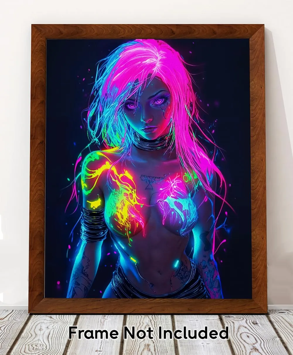 Neon Power 18x24 Stretched Canvas Female Figure With Glowing Neon Body Paint for Gaming Rooms, Dorms, Man Caves, Music Studios, Urban Lofts, Sci-Fi Fantasy Art, Edgy Female Empowerment Neon Aesthetic