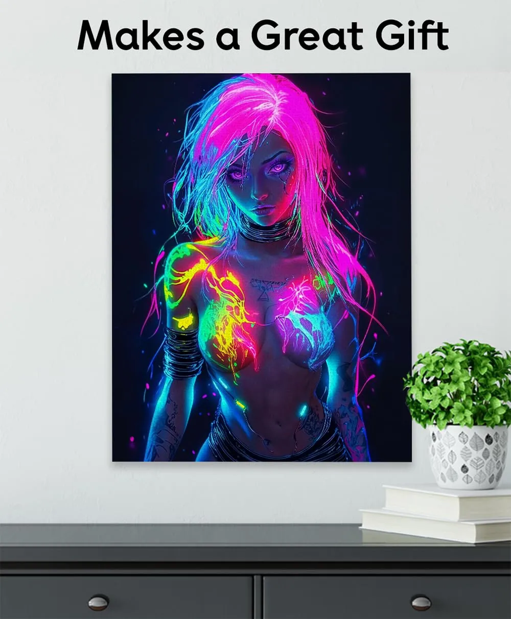 Neon Power 18x24 Stretched Canvas Female Figure With Glowing Neon Body Paint for Gaming Rooms, Dorms, Man Caves, Music Studios, Urban Lofts, Sci-Fi Fantasy Art, Edgy Female Empowerment Neon Aesthetic
