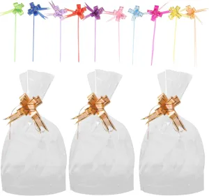 NOLITOY 100pcs Plastic Party Favor Bags Treats Pull Bow Dessert Bags for Baked Goods Snacks