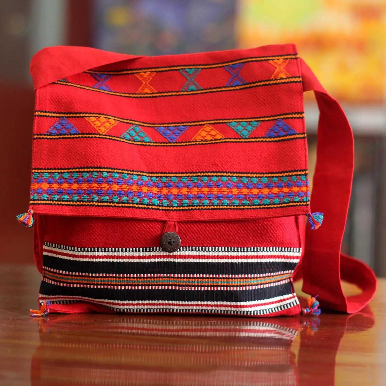 NOVICA Artisan Handmade Cotton Shoulder Bag Unique Woven Handbags Multicolor Fiesta Embroidered striped India Embellished