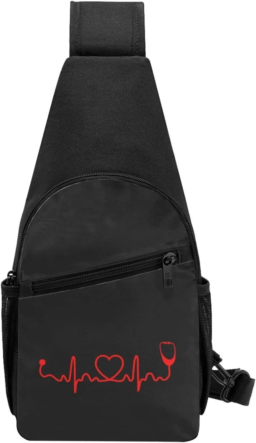 Nurse Stethoscope Heartbeat Chest Pack Leisure Shoulder Crossbody Chest Bag, Black