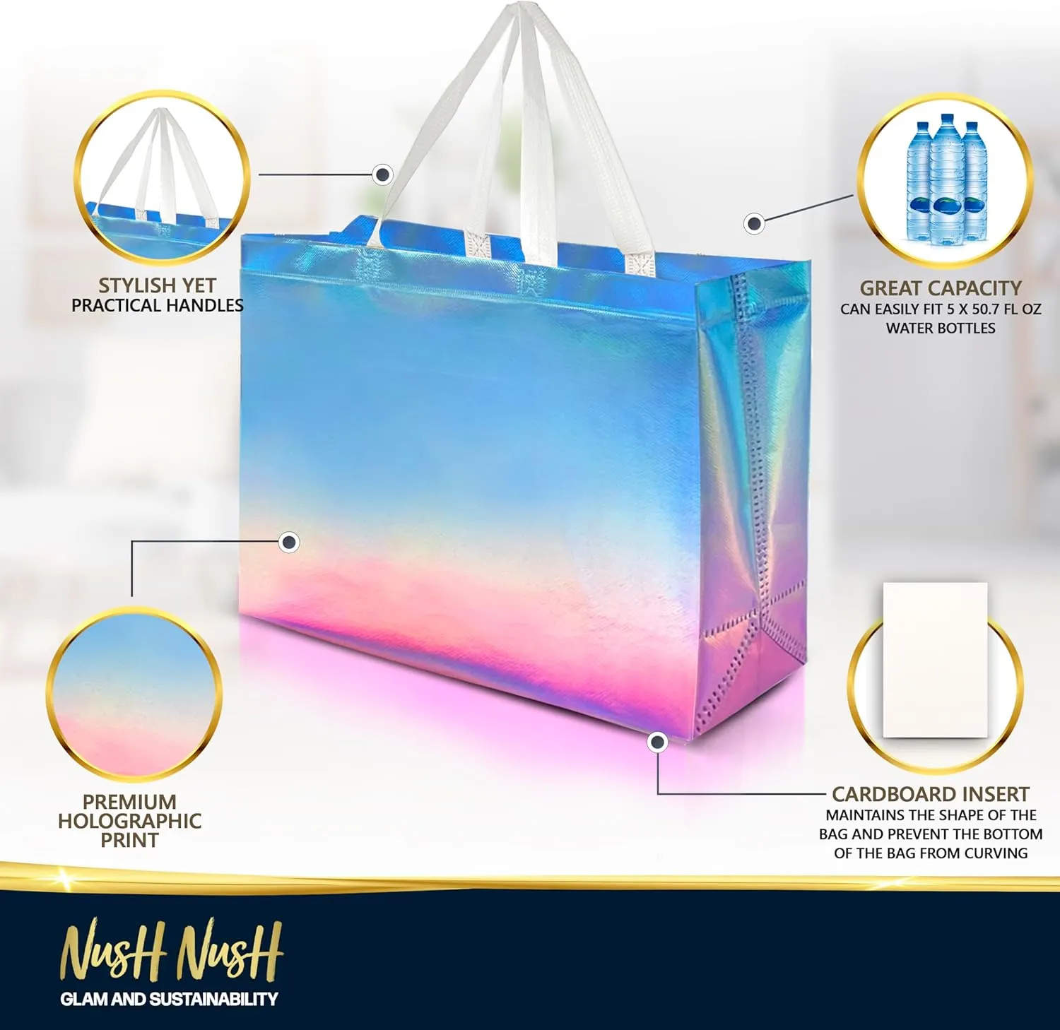 Nush Nush Gradient Gift Bags Extra Large Size – Set of 12 Holographic Pink Ombre Extra Large Gift Bags - Extra Large Goodie Bags, Birthday Gift Bags, Party Favor Bags – 15.5W x 6D x 12H…