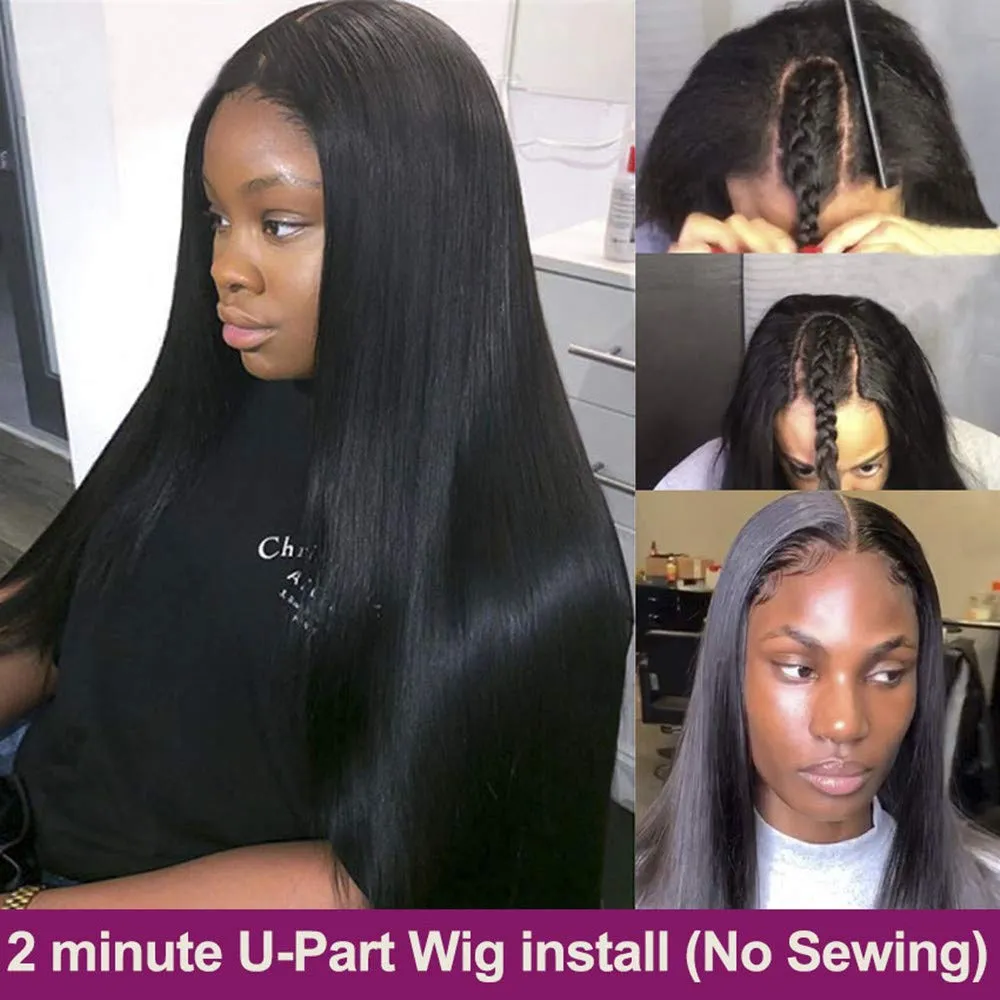 Nvnvdij U Part Wigs Straight Brazilian Virgin Human Hair Wigs for Black Women Upgrade U Part Wigs Glueless Full Head Clip In Half Wig U Shape Wig No Leave Out 180% Density Natural Color