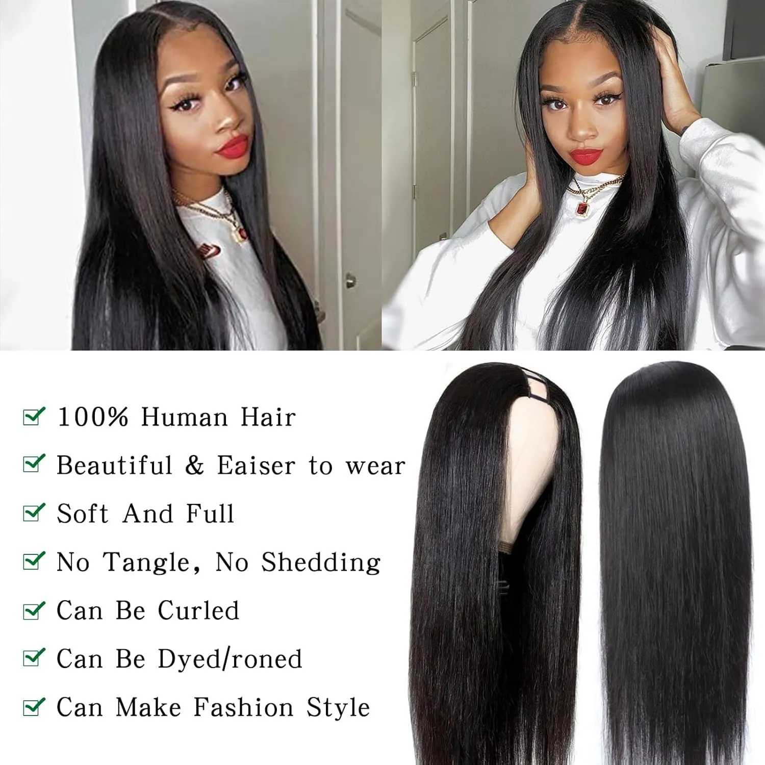 Nvnvdij U Part Wigs Straight Brazilian Virgin Human Hair Wigs for Black Women Upgrade U Part Wigs Glueless Full Head Clip In Half Wig U Shape Wig No Leave Out 180% Density Natural Color