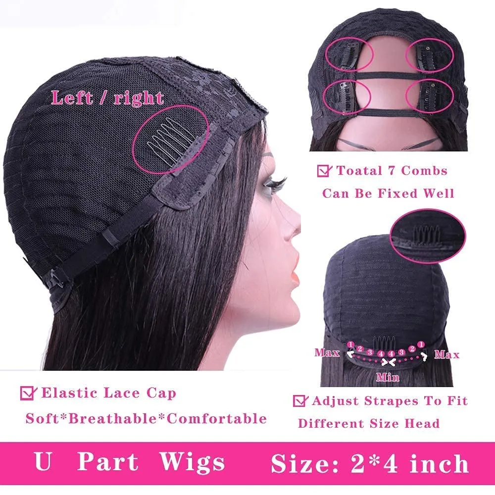 Nvnvdij U Part Wigs Straight Brazilian Virgin Human Hair Wigs for Black Women Upgrade U Part Wigs Glueless Full Head Clip In Half Wig U Shape Wig No Leave Out 180% Density Natural Color