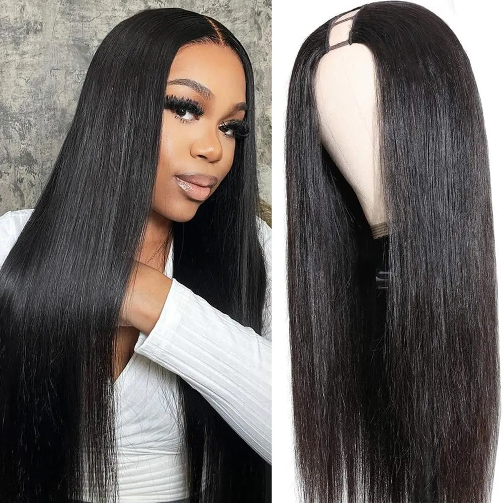 Nvnvdij U Part Wigs Straight Brazilian Virgin Human Hair Wigs for Black Women Upgrade U Part Wigs Glueless Full Head Clip In Half Wig U Shape Wig No Leave Out 180% Density Natural Color