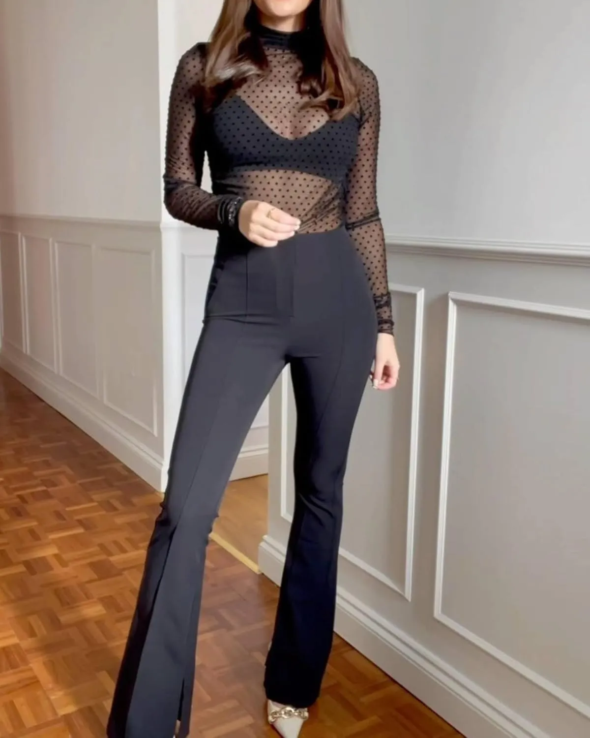 OFEEFAN Womens Long Sleeve Mesh Top See Through Mock Neck Sheer Blouses
