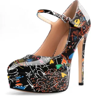 Oh Mispares Women's Platform Stiletto Heels Closed Round Toe Pumps Office Ladies Mary Jane Strap Heeled Pumps Fashion 5.3" Heel Wedding Party Dress Shoes
