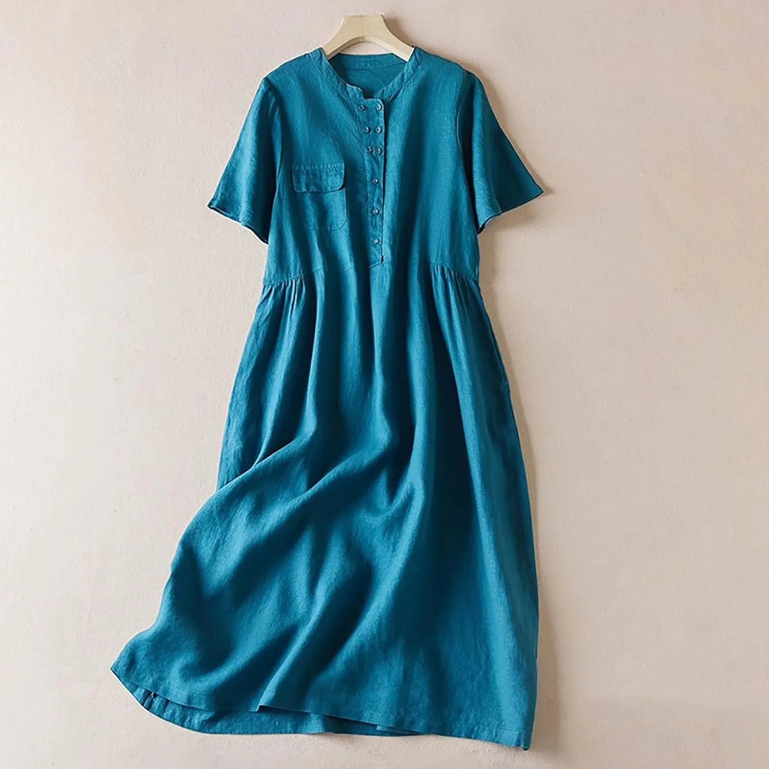 Oplxuo Womens Linen Short Sleeve Button Down Shirt Dress Solid Color Cotton Loose Shirt Dresses for Women with Pocket