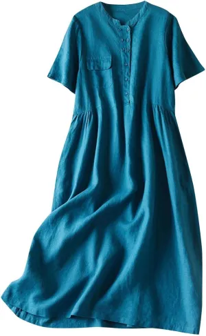 Oplxuo Womens Linen Short Sleeve Button Down Shirt Dress Solid Color Cotton Loose Shirt Dresses for Women with Pocket
