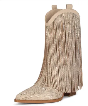 Ouepiano Cowboy Boots for Women - Cowgirl Rhinestone Boots with Sparkly Fringe Pointed Toe Western Boot Chunky Heel Pull-On Wide Calf Botas Vaqueras