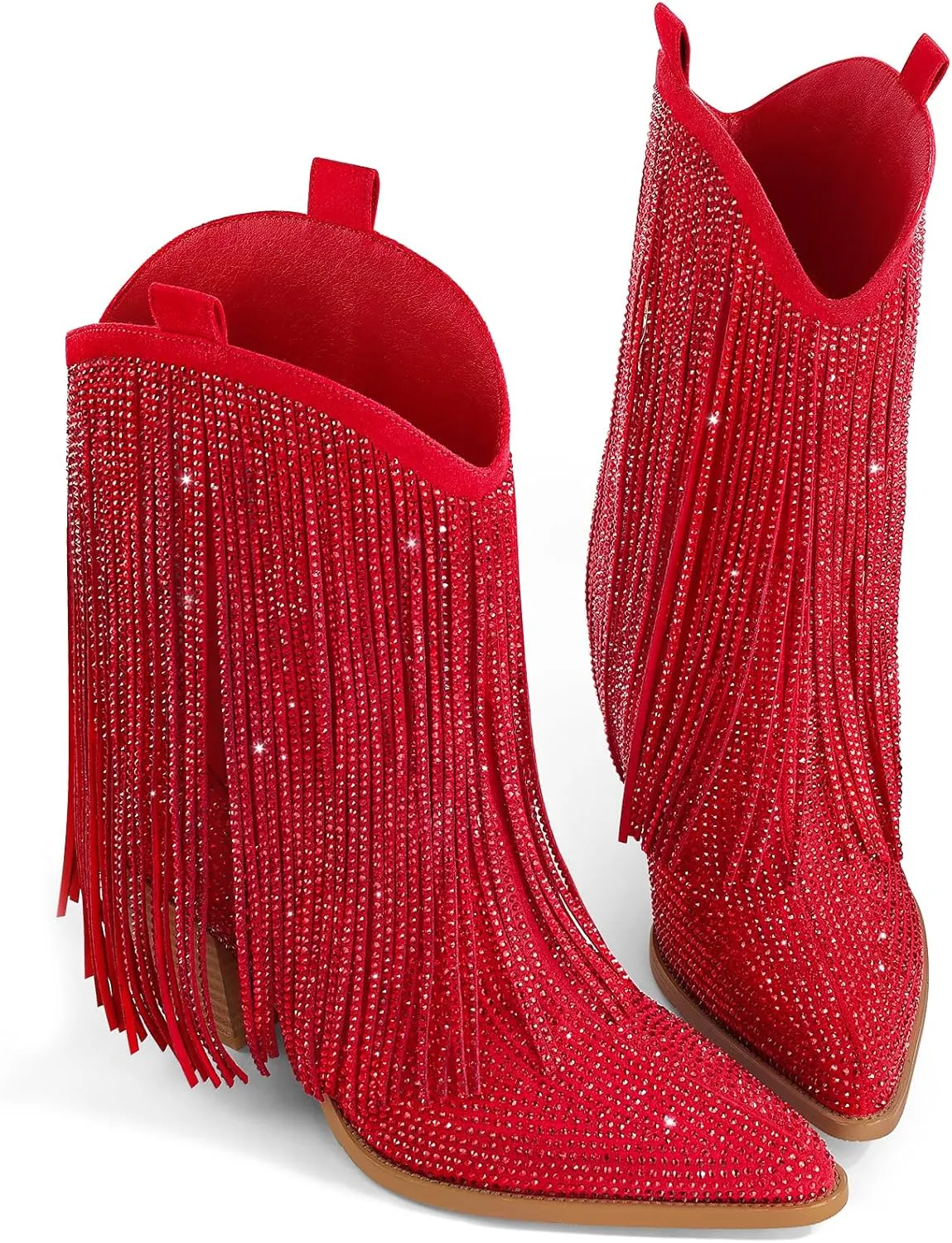 Ouepiano Cowboy Boots for Women - Cowgirl Rhinestone Boots with Sparkly Fringe Pointed Toe Western Boot Chunky Heel Pull-On Wide Calf Botas Vaqueras
