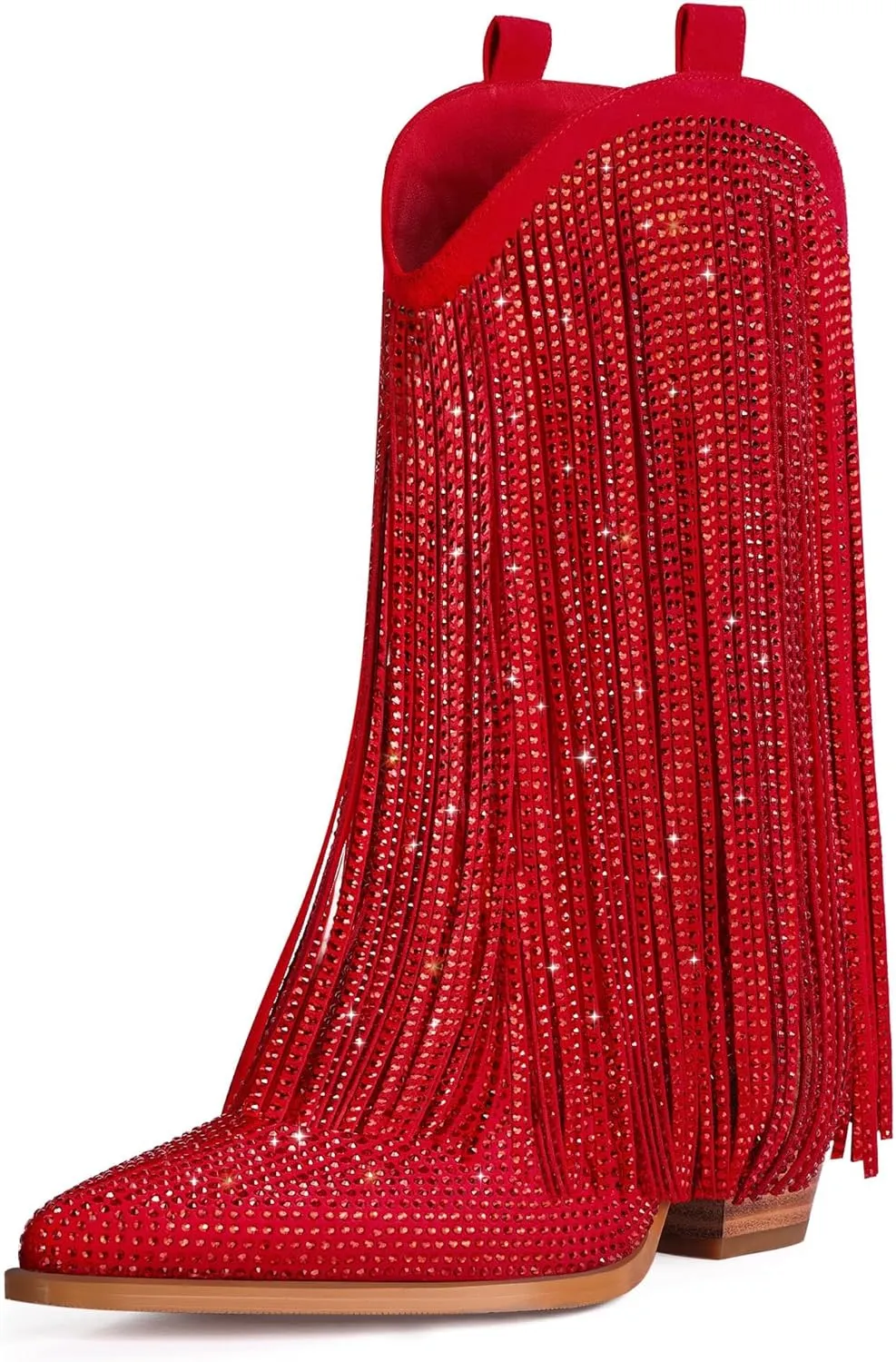 Ouepiano Cowboy Boots for Women - Cowgirl Rhinestone Boots with Sparkly Fringe Pointed Toe Western Boot Chunky Heel Pull-On Wide Calf Botas Vaqueras