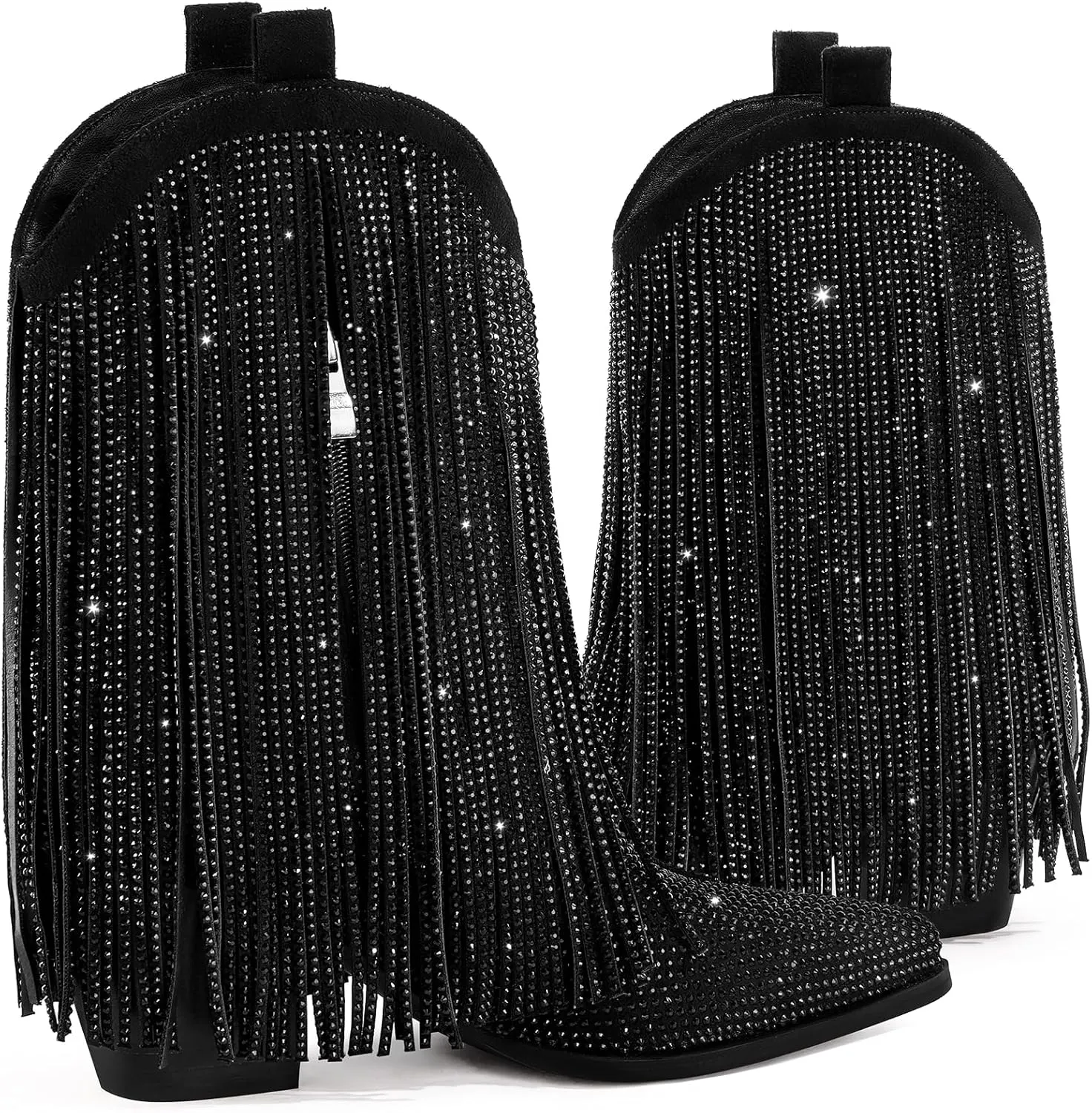 Ouepiano Cowboy Boots for Women - Cowgirl Rhinestone Boots with Sparkly Fringe Pointed Toe Western Boot Chunky Heel Pull-On Wide Calf Botas Vaqueras