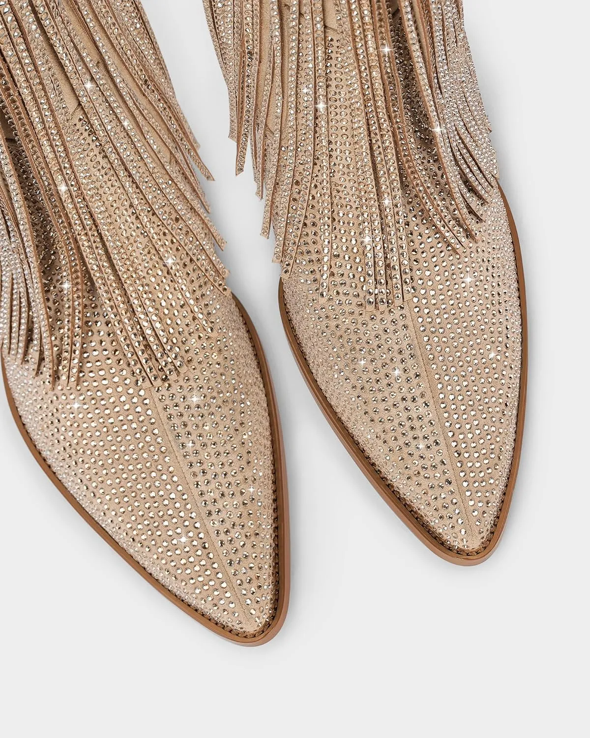 Ouepiano Cowboy Boots for Women - Cowgirl Rhinestone Boots with Sparkly Fringe Pointed Toe Western Boot Chunky Heel Pull-On Wide Calf Botas Vaqueras