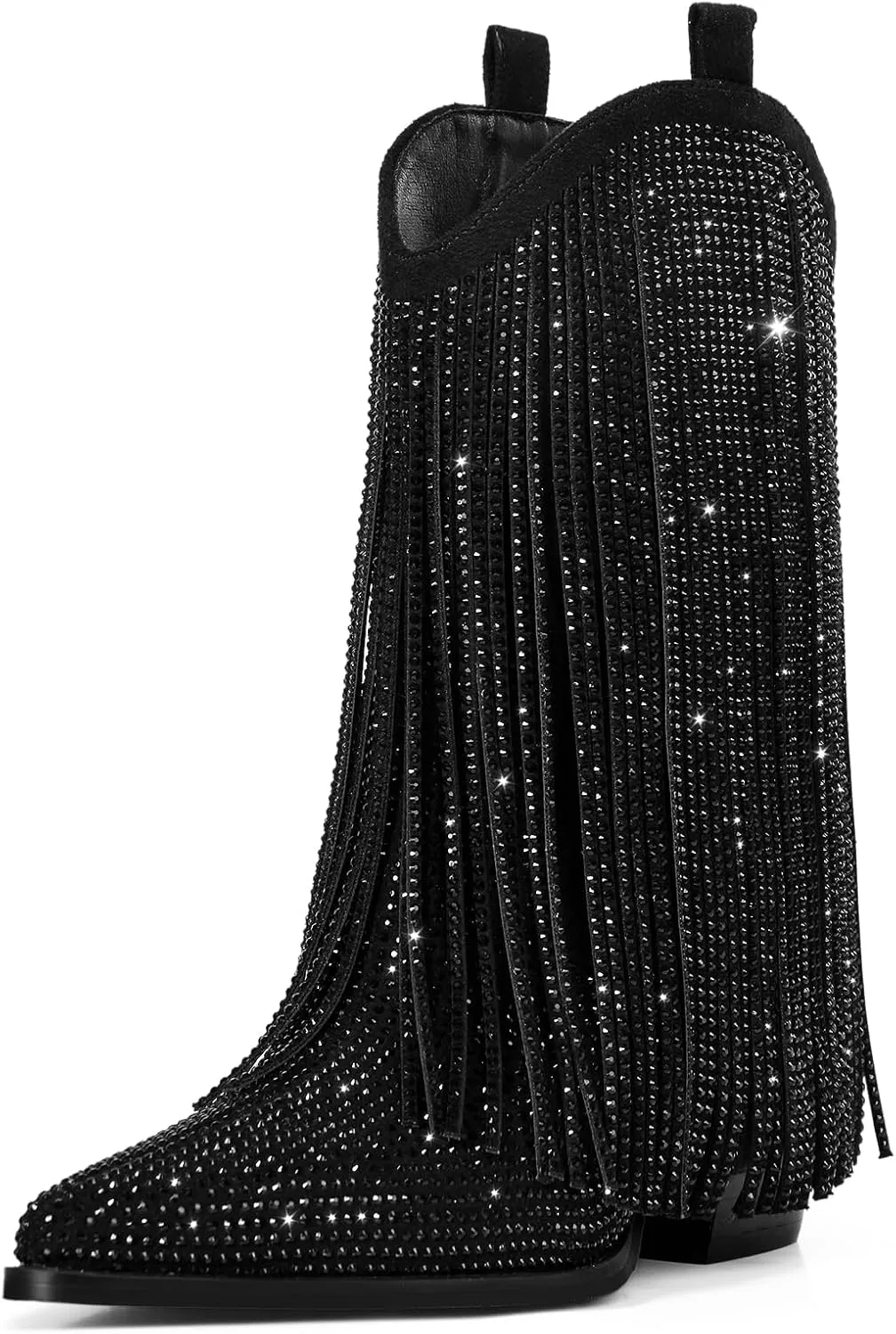 Ouepiano Cowboy Boots for Women - Cowgirl Rhinestone Boots with Sparkly Fringe Pointed Toe Western Boot Chunky Heel Pull-On Wide Calf Botas Vaqueras