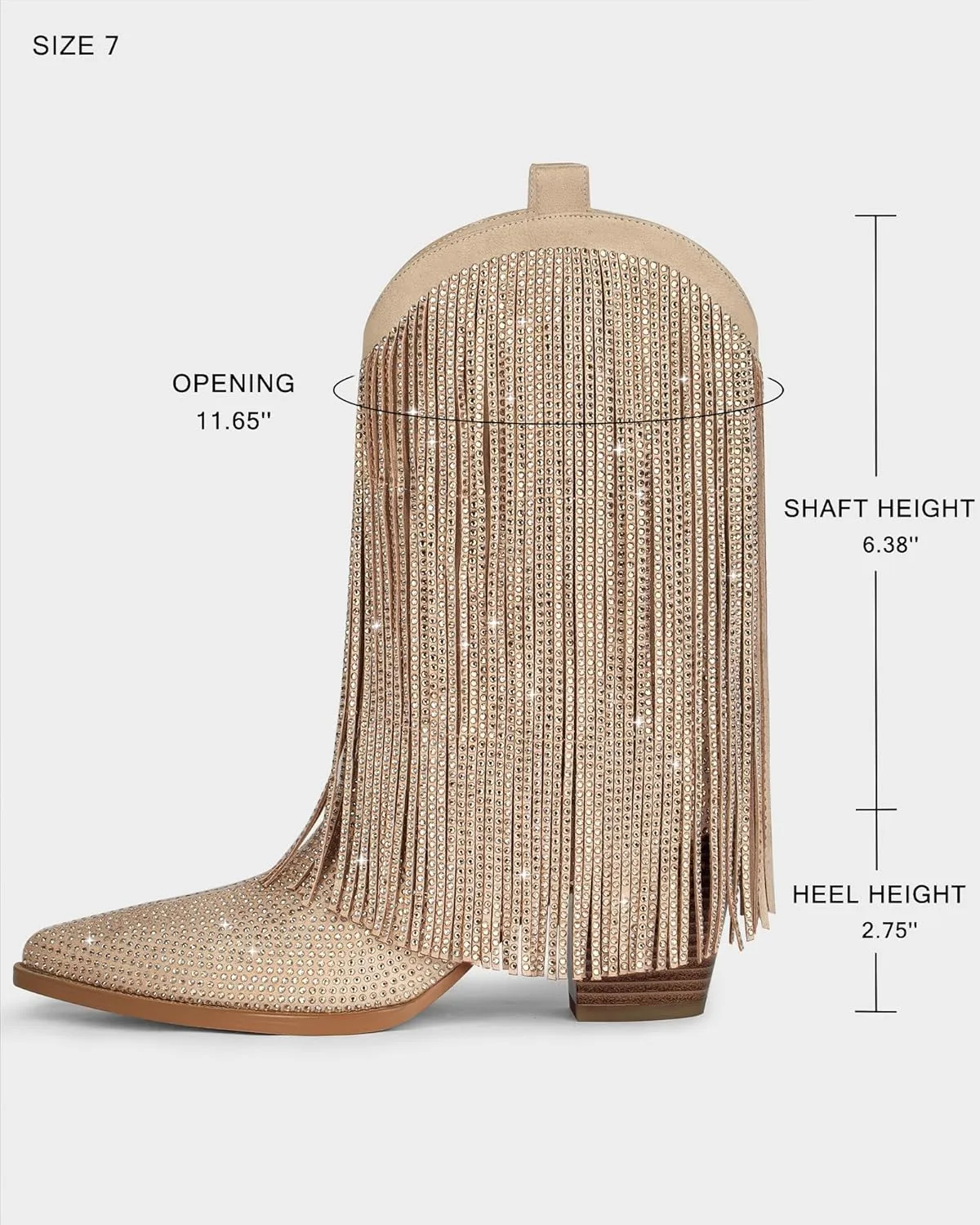 Ouepiano Cowboy Boots for Women - Cowgirl Rhinestone Boots with Sparkly Fringe Pointed Toe Western Boot Chunky Heel Pull-On Wide Calf Botas Vaqueras