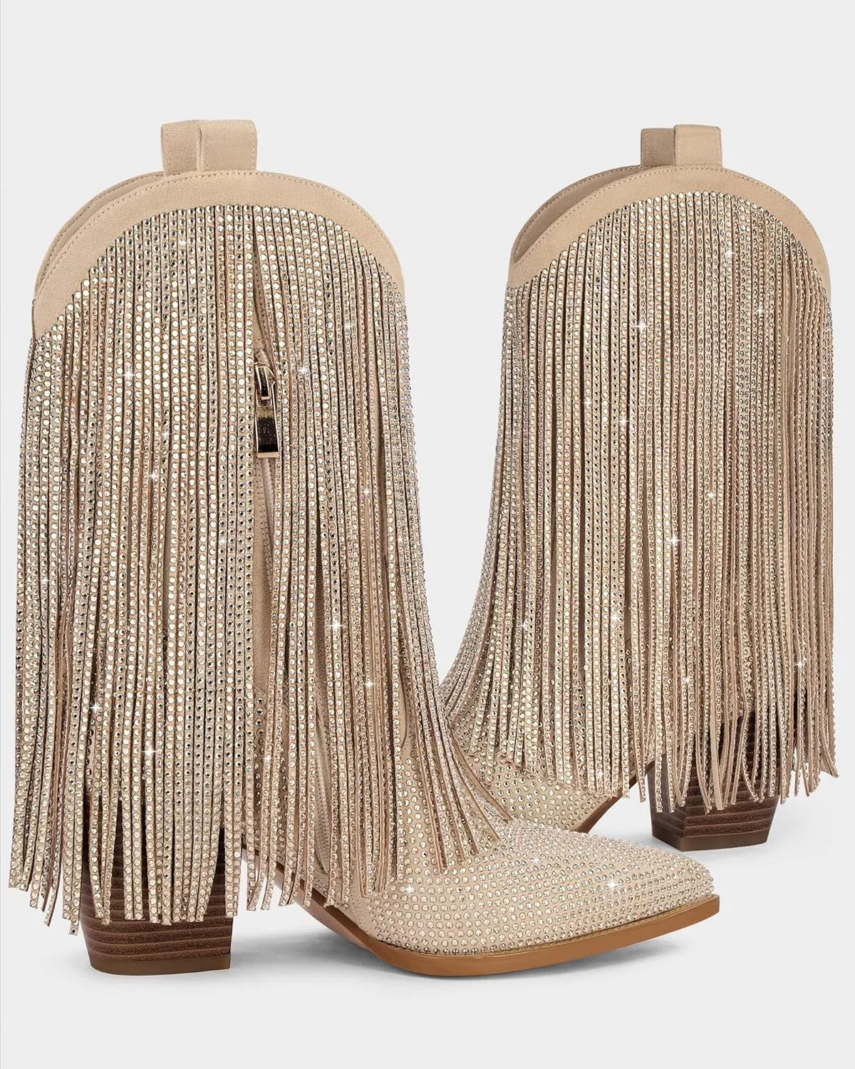 Ouepiano Cowboy Boots for Women - Cowgirl Rhinestone Boots with Sparkly Fringe Pointed Toe Western Boot Chunky Heel Pull-On Wide Calf Botas Vaqueras