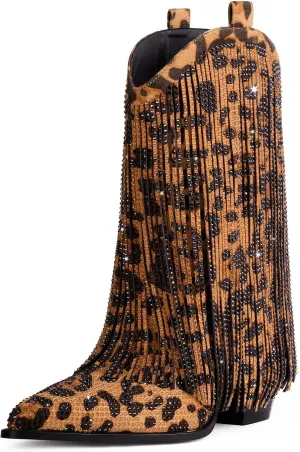 Ouepiano Cowboy Boots for Women - Cowgirl Rhinestone Boots with Sparkly Fringe Pointed Toe Western Boot Chunky Heel Pull-On Wide Calf Botas Vaqueras