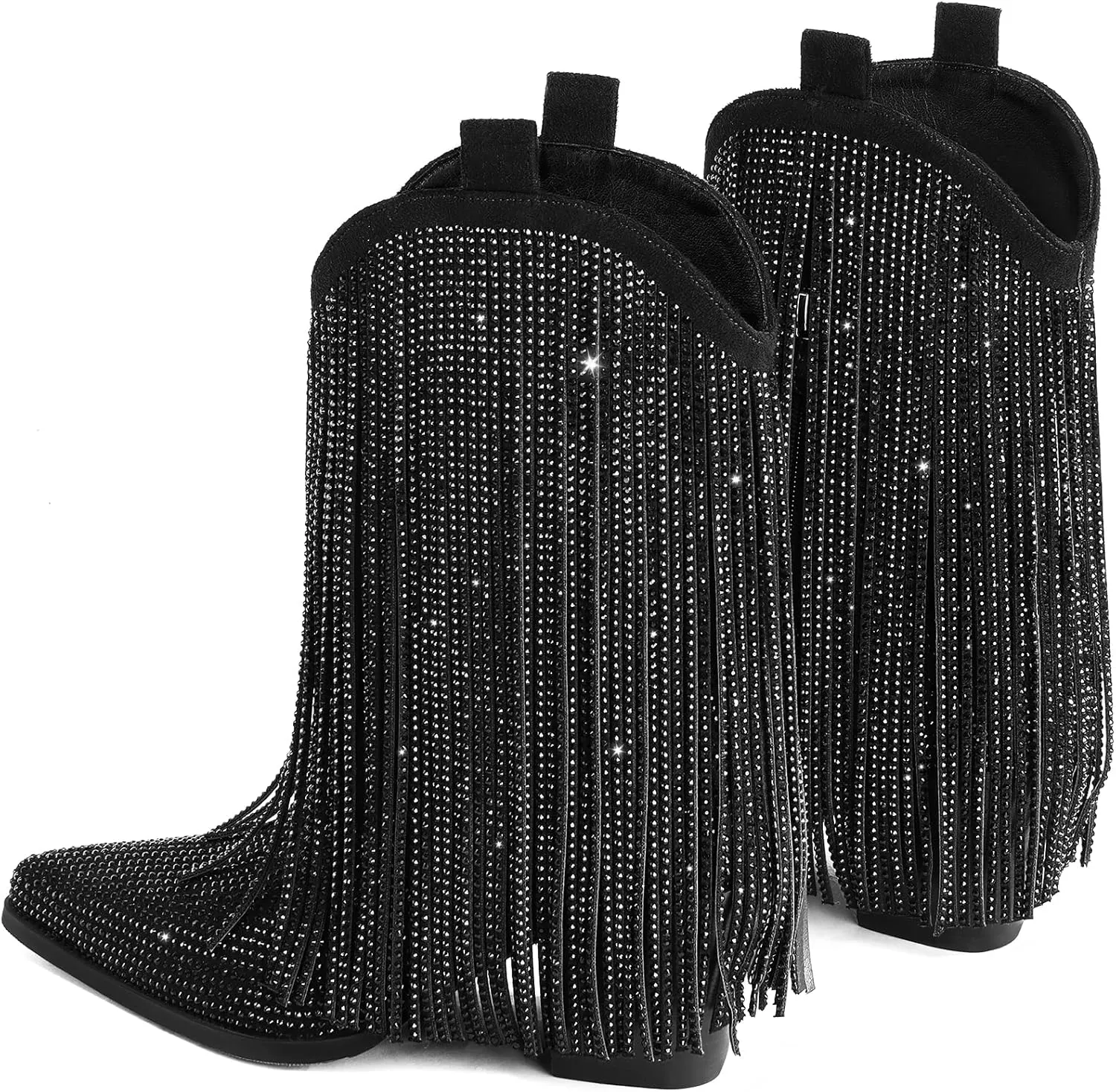 Ouepiano Cowboy Boots for Women - Cowgirl Rhinestone Boots with Sparkly Fringe Pointed Toe Western Boot Chunky Heel Pull-On Wide Calf Botas Vaqueras