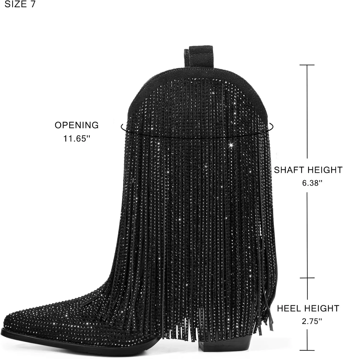 Ouepiano Cowboy Boots for Women - Cowgirl Rhinestone Boots with Sparkly Fringe Pointed Toe Western Boot Chunky Heel Pull-On Wide Calf Botas Vaqueras