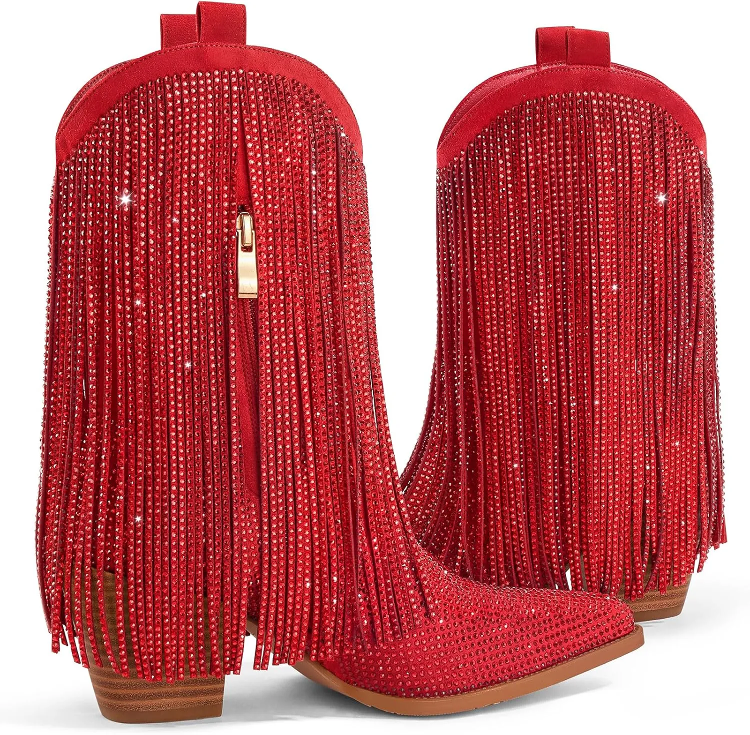 Ouepiano Cowboy Boots for Women - Cowgirl Rhinestone Boots with Sparkly Fringe Pointed Toe Western Boot Chunky Heel Pull-On Wide Calf Botas Vaqueras