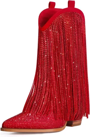 Ouepiano Cowboy Boots for Women - Cowgirl Rhinestone Boots with Sparkly Fringe Pointed Toe Western Boot Chunky Heel Pull-On Wide Calf Botas Vaqueras