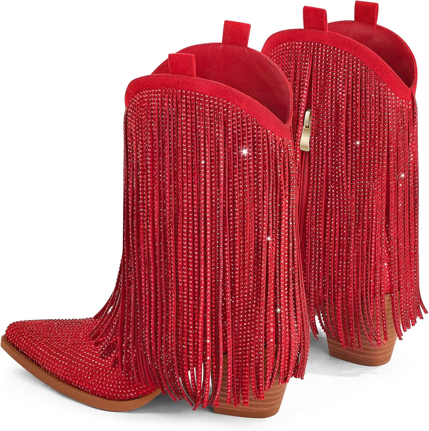 Ouepiano Cowboy Boots for Women - Cowgirl Rhinestone Boots with Sparkly Fringe Pointed Toe Western Boot Chunky Heel Pull-On Wide Calf Botas Vaqueras