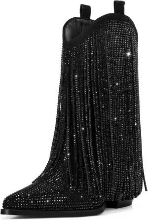 Ouepiano Cowboy Boots for Women - Cowgirl Rhinestone Boots with Sparkly Fringe Pointed Toe Western Boot Chunky Heel Pull-On Wide Calf Botas Vaqueras