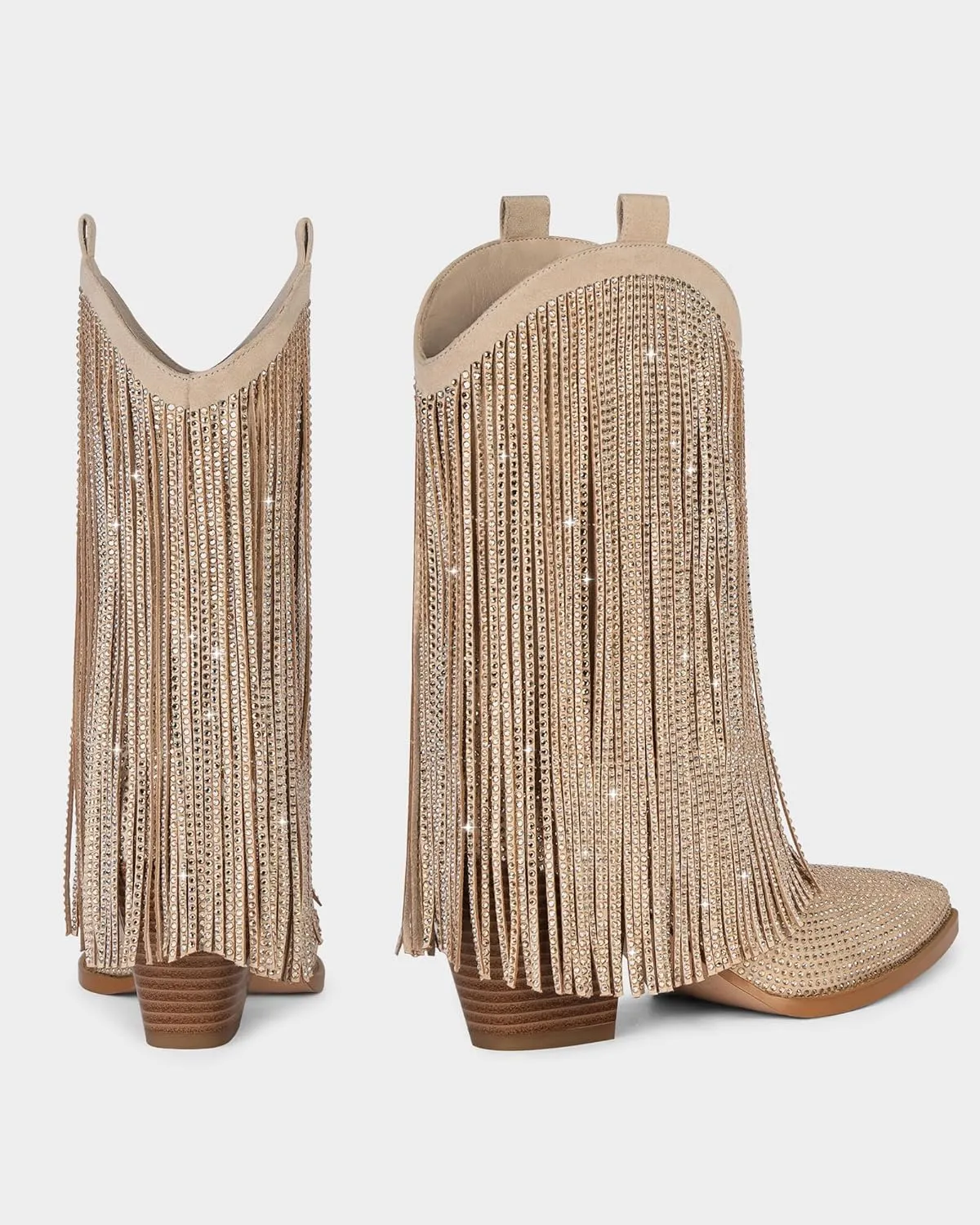 Ouepiano Cowboy Boots for Women - Cowgirl Rhinestone Boots with Sparkly Fringe Pointed Toe Western Boot Chunky Heel Pull-On Wide Calf Botas Vaqueras