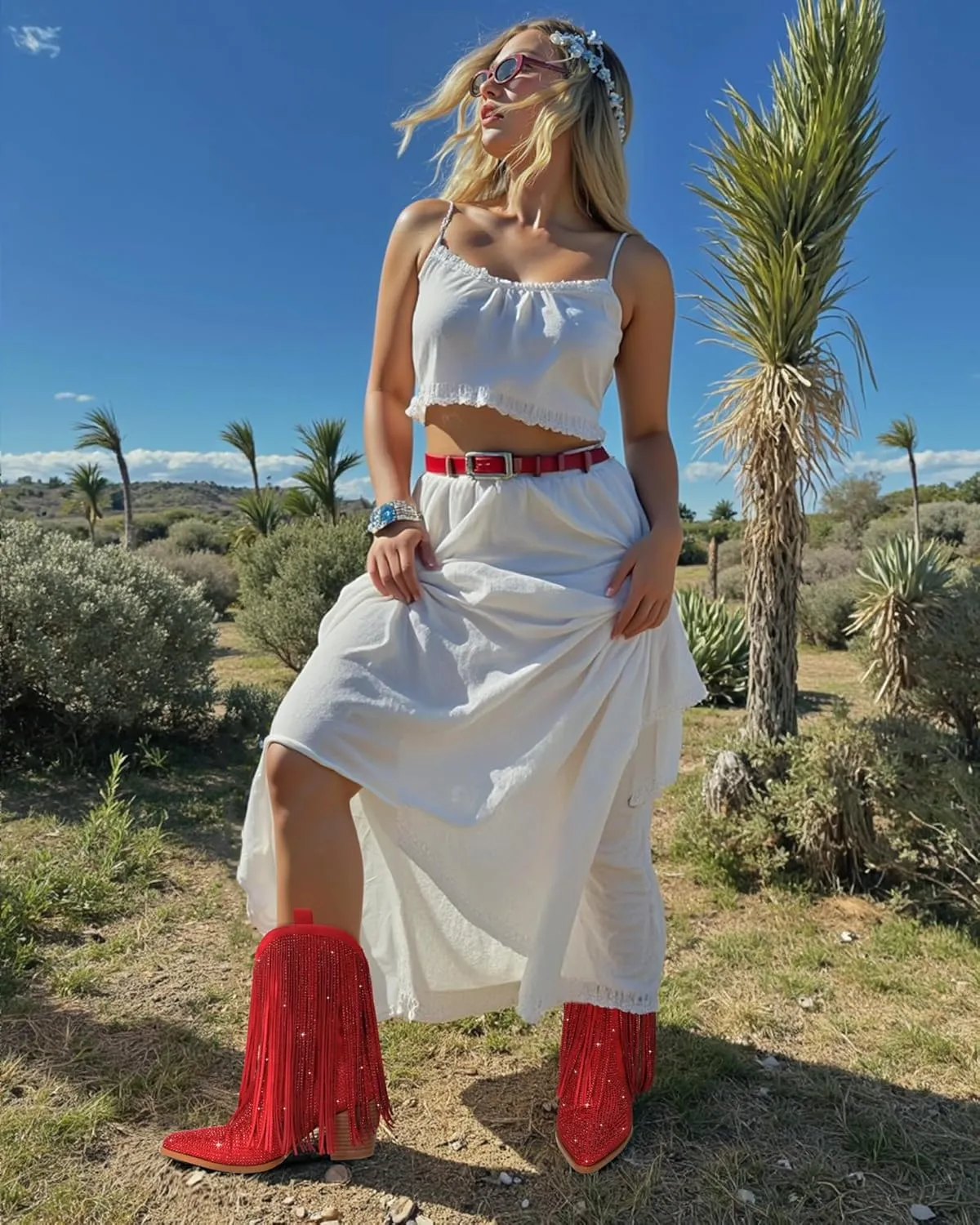 Ouepiano Cowboy Boots for Women - Cowgirl Rhinestone Boots with Sparkly Fringe Pointed Toe Western Boot Chunky Heel Pull-On Wide Calf Botas Vaqueras