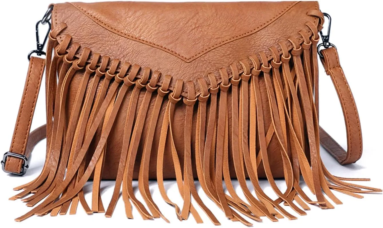 Oweisong Fringe Crossbody Purse for Women Western Cowgirl Purse Leather Tassel Fanny Packs Black Shoulder Handbags
