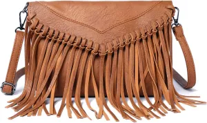 Oweisong Fringe Crossbody Purse for Women Western Cowgirl Purse Leather Tassel Fanny Packs Black Shoulder Handbags