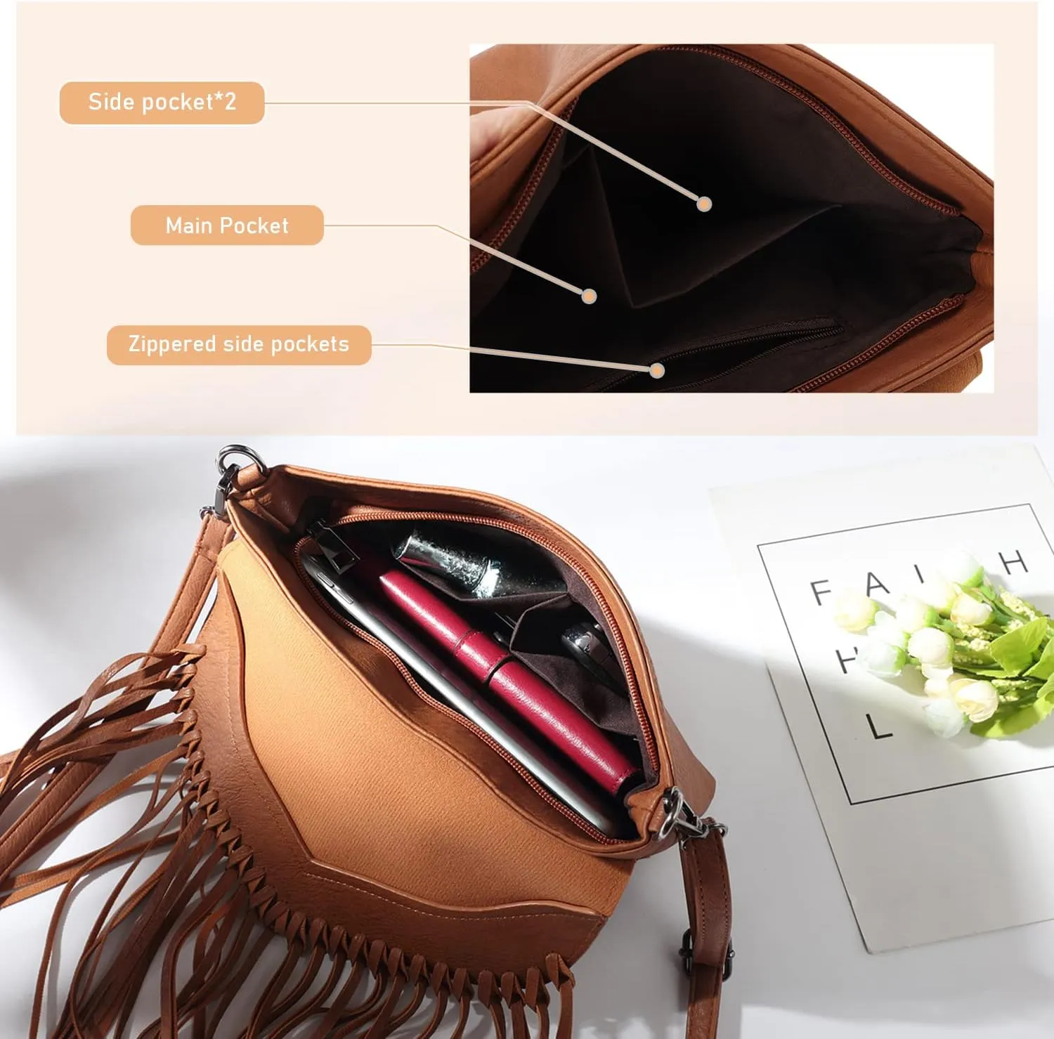 Oweisong Fringe Crossbody Purse for Women Western Cowgirl Purse Leather Tassel Fanny Packs Black Shoulder Handbags