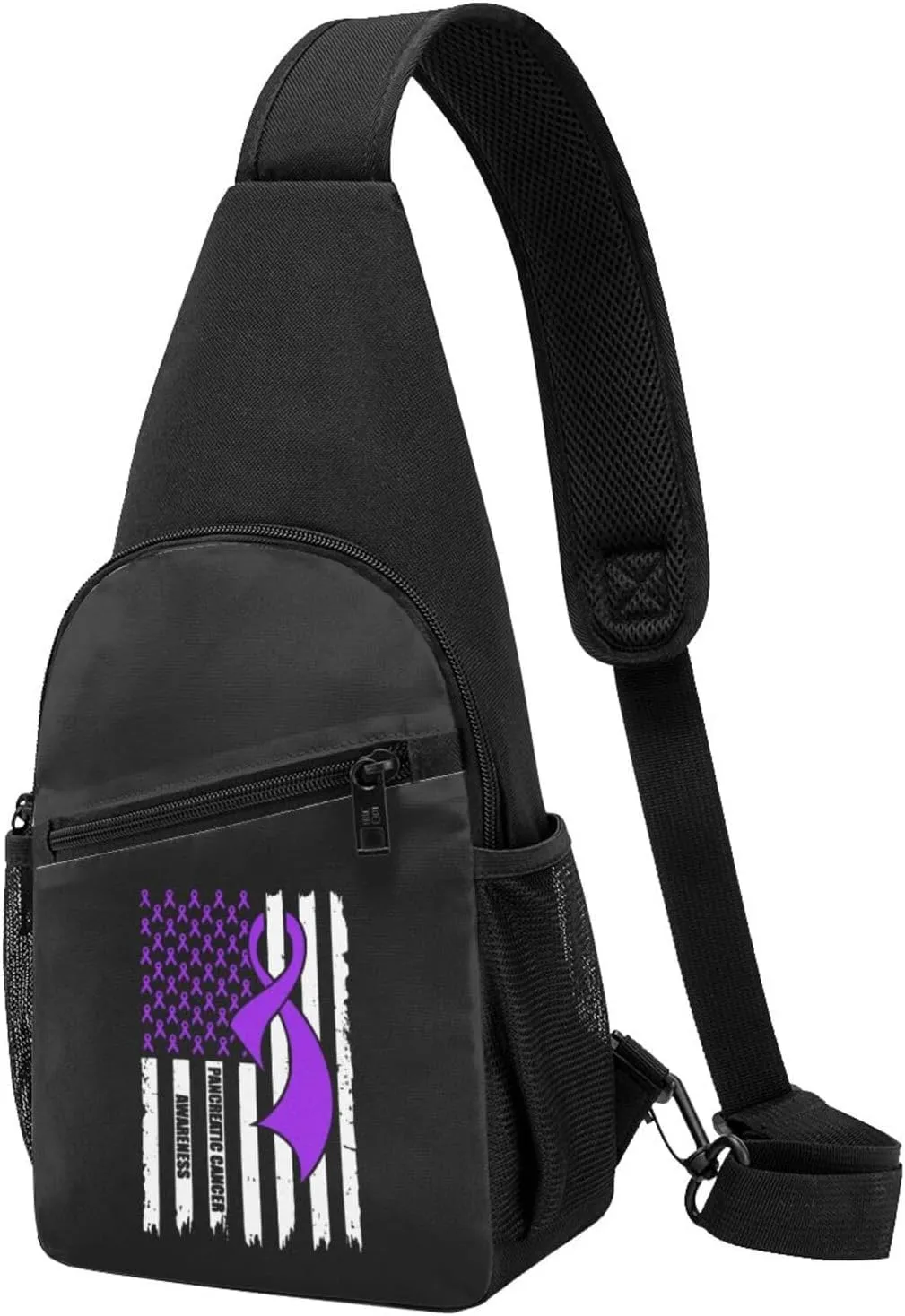 Pancreatic Cancer Awareness America Flag Purple Ribbon Chest Pack Leisure Shoulder Crossbody Chest Bag