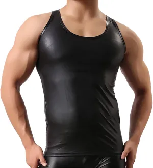 Panegy Men's Black Leather Tshirt Short Sleeve PVC Tunic & Sleeveless Tank Top M-XXL
